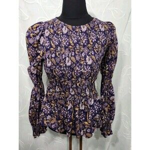 Vintage Thread Womens Purple Peasant Babydoll Romantic Floral Top Small
